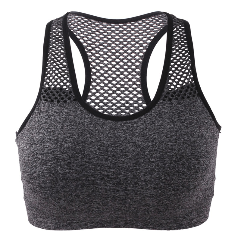 Women's seamless yoga top in gray with mesh back design, sports cropped bra, quick dry and breathable fabric for comfortable workouts.